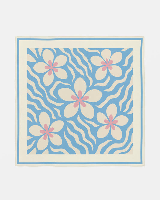 Plumeria Waves Silk Scarf in Pastel Blue