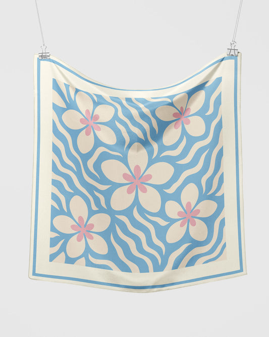 Plumeria Waves Silk Scarf in Pastel Blue