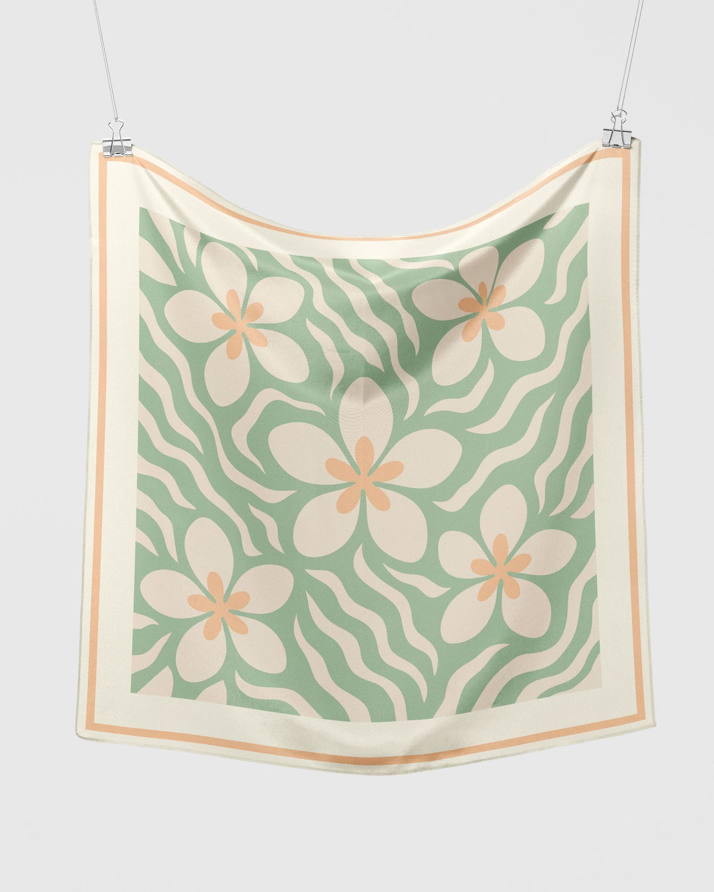 Plumeria Waves Silk Scarf in Pastel Green