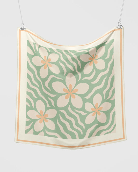 Plumeria Waves Silk Scarf in Pastel Green